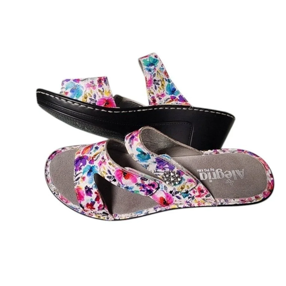 Alegria Loti Wedge Slide Sandals Floral Comfort EU 42 Leather Rhinestone Flower